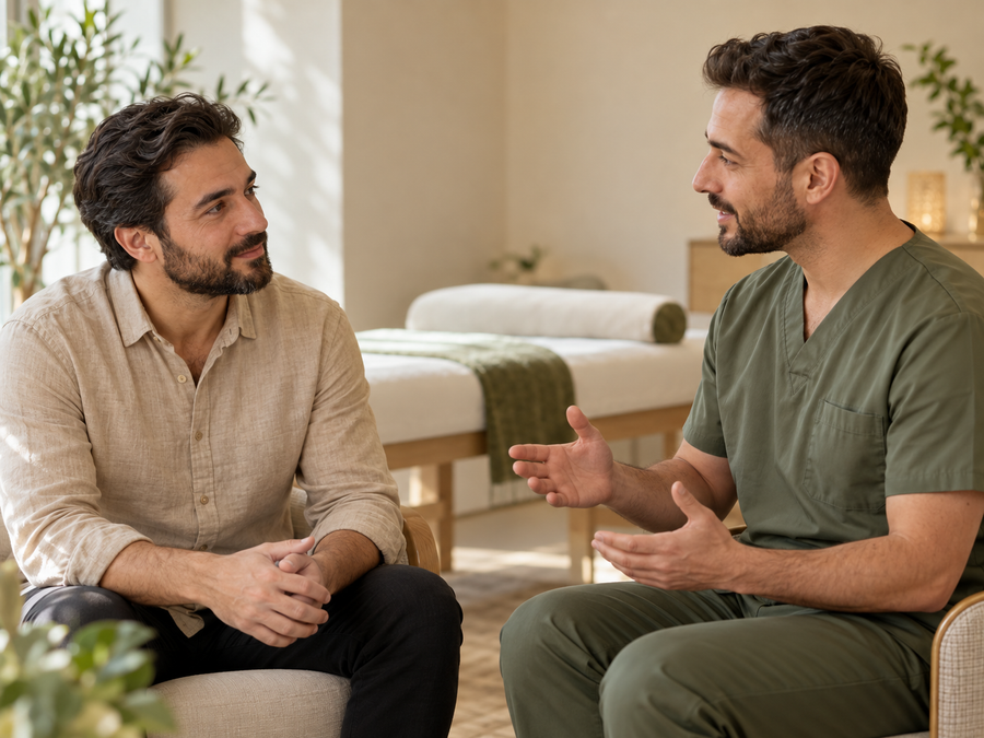 Rustig gesprek tussen een man en een therapeut in een lichte behandelruimte